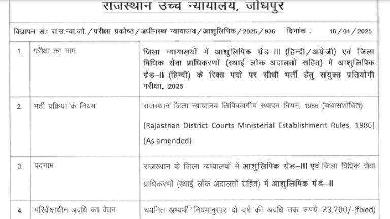 _Rajasthan High Court Stenographer Recruitment 2025 notification